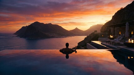 Man enjoying breathtaking panoramic ocean and mountain views from infinity pool during a stunning sunset, reflecting warm golden and orange sky colors