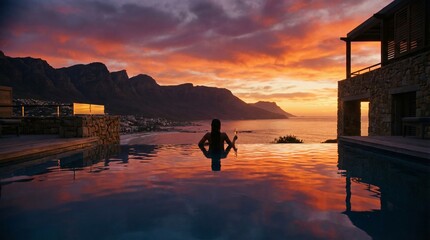 Woman relaxing in a beautiful infinity pool, observing a vibrant sunset over the ocean and mountains, capturing a serene moment of travel indulgence and high end leisure