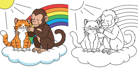 Fototapeta premium Cute cartoon monkey and orange cat friends sitting together on a white cloud with a rainbow and sun background illustration