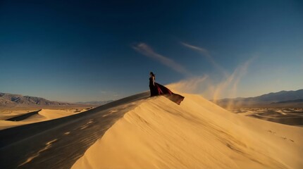 Woman stands on a windswept sand dune at golden hour, dress flowing in the breeze as she gazes toward the vast desert horizon, solitude and quiet exploration