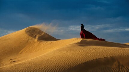 Woman in a flowing red dress walks along a vast desert dune under a dramatic blue sky as wind whips sand, illustrating concepts of journey and freedom