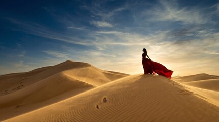 Woman standing gracefully on a vast desert dune, her red dress flowing in the wind under a dramatic sky, symbolizing freedom, adventure, and exploration