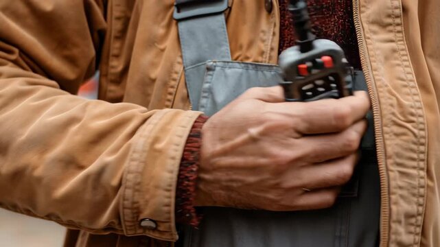 Disaster Tech and tecnology concepts ,Close up brown jacket apron tool hand wrinkles hair rugged walkie talkie workwear sweater