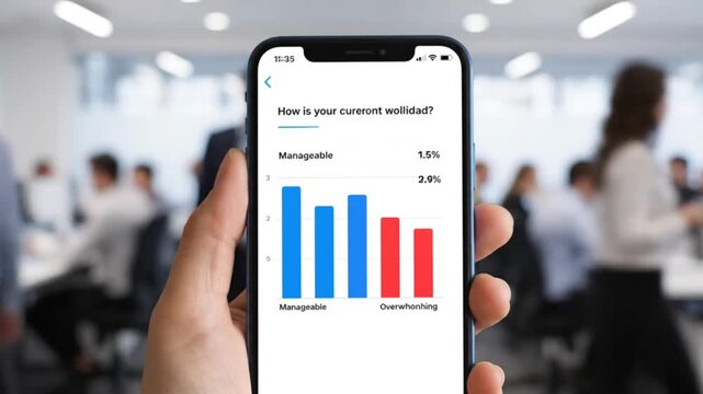 A close-up shot of a smartphone displaying a real-time bar chart analyzing "current workload" levels (Manageable vs. Overwhelming) in a busy, open-plan office environment filled with walking and work