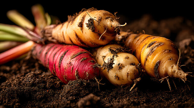 Freshly harvested oca tuber roots with soil clinging to colorful knobbly tubers and leafy stems, earthy vibrant harvest emotion