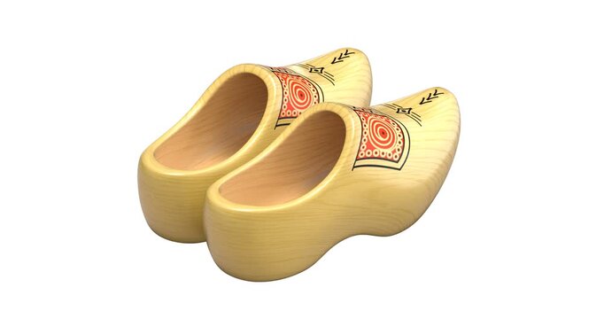 Rotation of traditional yellow dutch wooden shoes on white background - 3D animation isolated on white background seamlessly loopable
