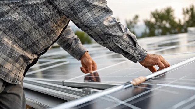 Disaster Tech and tecnology concepts ,Solar panel installation renewable energy technician outdoor work hands adjusting metal
