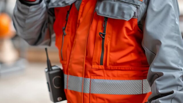Disaster Tech and tecnology concepts ,Orange and gray safety jacket with zipper and pockets for workwear, featuring walkie talkie