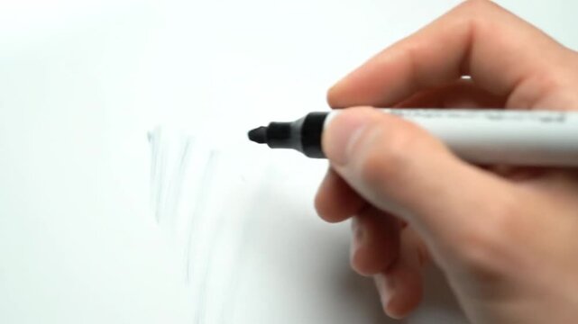 A hand rapidly sketches wavy black lines on a white surface using a marker pen. Close-up view of the drawing process, focusing on the quick initial marks and line formation.