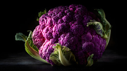Vibrant purple cauliflower head on black background with green leaves, dramatic low key lighting and textured vegetable detail