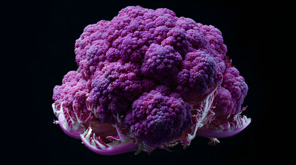 Purple cauliflower head vivid texture on black background, close up vegetable still life with dramatic lighting and moody tone