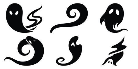 Set of halloween ghost trail swirl silhouettes black icon Vector illustration and isolated on white background. © Bhabas