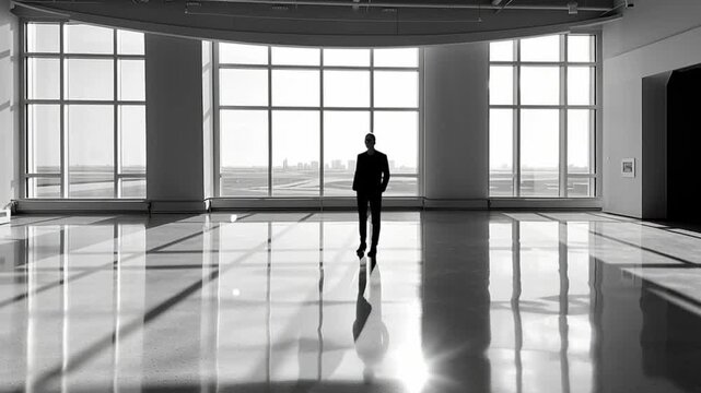 Solitary Reflection: A lone figure stands, contemplating a vast urban vista visible through expansive windows, the space bathed in natural light and shadow.
