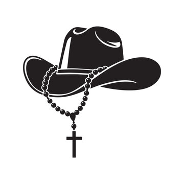 Cowboy Hat with Rosary Beads and Cross Silhouette. Western Christian Faith Vector Illustration.
