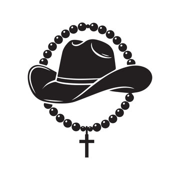 Cowboy Hat with Rosary Beads and Cross Silhouette. Western Christian Faith Vector Illustration.
