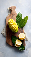 Buddha hand citron and sliced lemon on wooden board with green leaves, bright natural still life, fresh citrus aroma and textured background