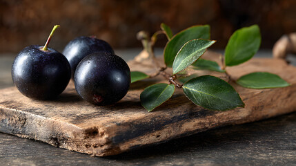 Ripe black plums on wooden board with green leaves, rustic still life composition evoking natural freshness and simple autumn mood
