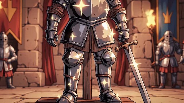 Shiny knight in full armor standing in medieval castle hall