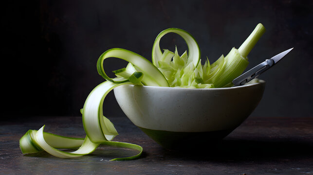Shaved pale green celtuce stem with long curled ribbons in ceramic bowl and paring knife, soft moody still life with natural texture