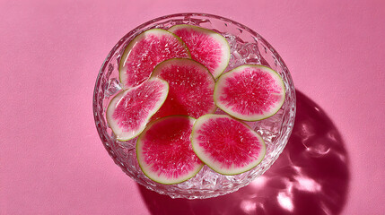 Sliced watermelon radish arranged on ice in glass bowl on pink background, vibrant color and crisp texture, refreshing still life