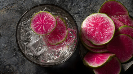 Watermelon radish slices on ice with stone background, vibrant pink interior and green rind, fresh chilled vegetable still life