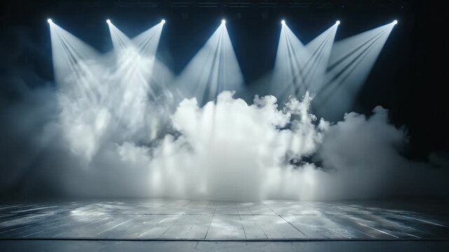 A stage with bright spotlights piercing through thick smoke onto a wooden floor