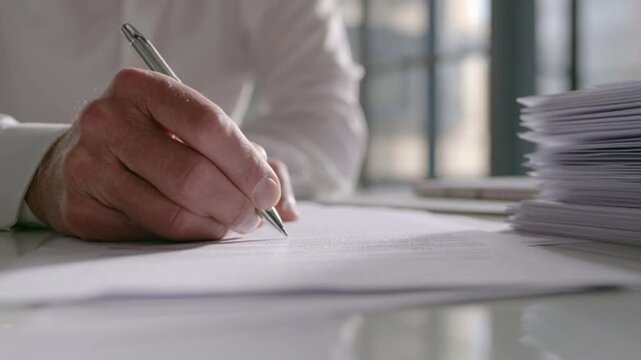 Businessman signing important documents at office desk