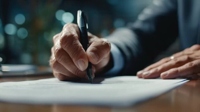 Businessman signing important document with pen in hand