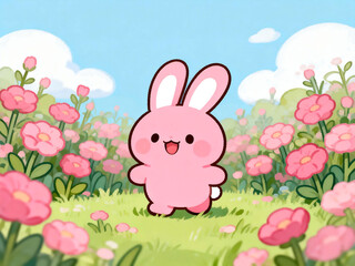 Pink Cartoon Rabbit Garden Illustration