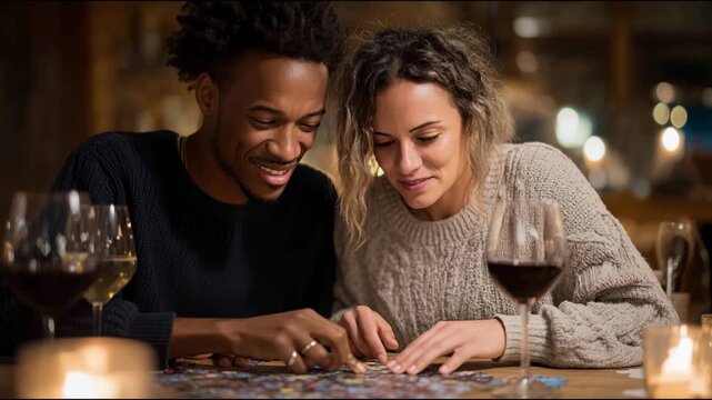 Happy multiethnic couple enjoying a date night at home, solving a puzzle and drinking wine