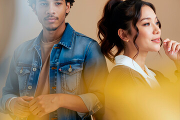 Young Black man standing beside young Asian woman, both looking away from camera with thoughtful expressions, posing together against neutral background in studio setting