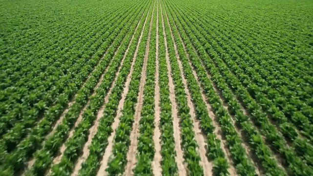 A mesmerizing view of endless, vibrant green crops planted in perfectly straight, parallel rows across a vast agricultural field, converging towards the distant horizon under bright daylight.