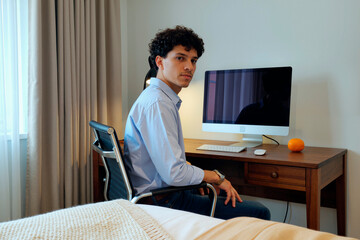 Portrait of young man sitting at desk using desktop computer in home office setting, looking at camera with neutral expression, workspace