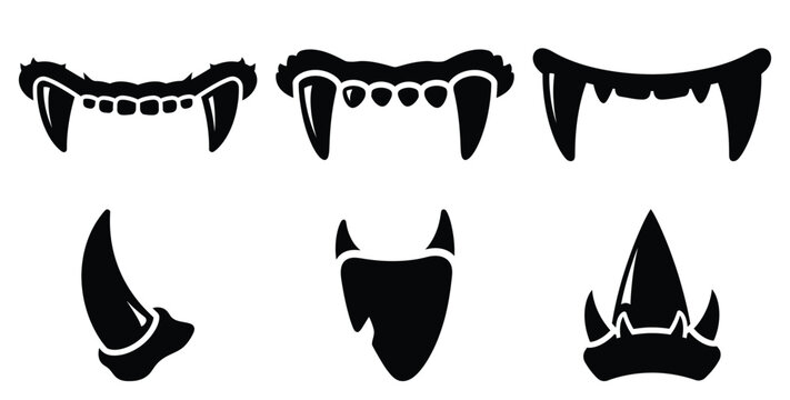 Set of halloween monster fang silhouettes black icon Vector illustration and isolated on white background.