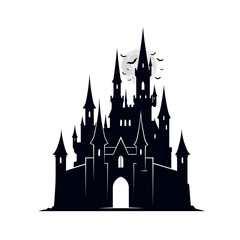 Obraz premium Gothic Castle Silhouette with Moon and Bats, Spooky Halloween Night