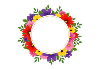 Colorful floral wreath with green leaves isolated on transparent background