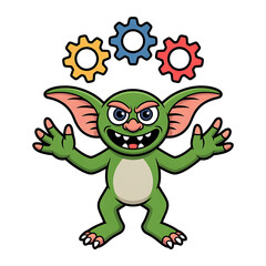 Obraz premium Mischievous gremlin juggling colorful gears with big ears
