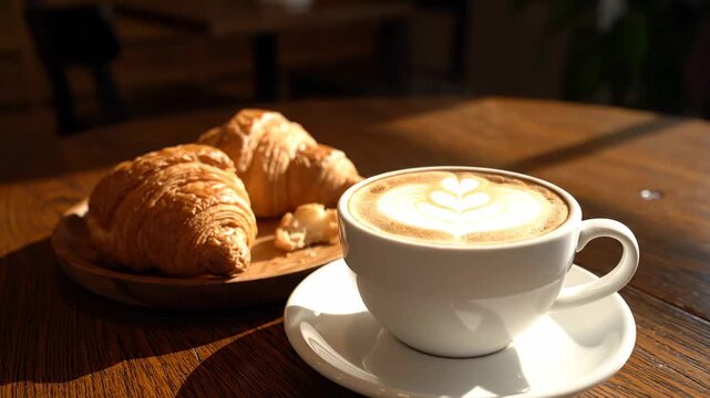 A cup of coffee with latte art and croissants on a wooden table
