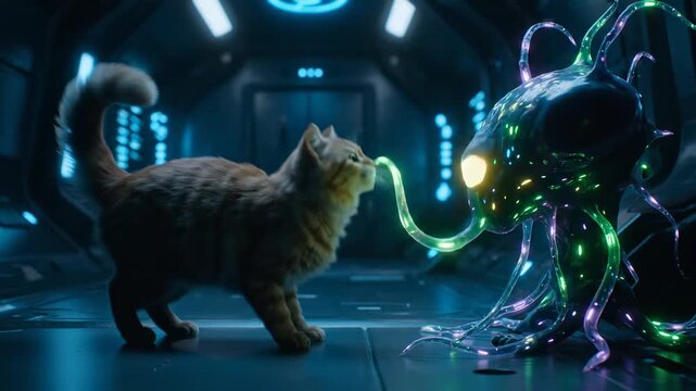 A curious ginger tabby cat approaches an alien being with glowing tendrils in a futuristic, spaceship interior, full of neon lights