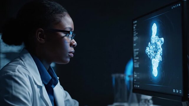 A Black female scientist intently studies a glowing blue 3D molecular structure on a computer monitor in a dark lab, actively analyzing the complex biological data over several seconds.