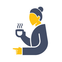 Woman is drinking hot beverage while pointing away.