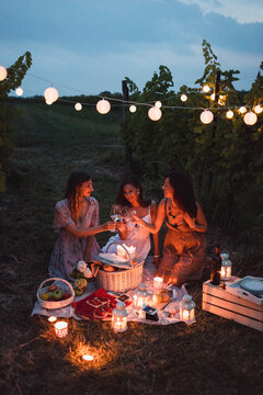 Friends having a picnic in a vineyard on summer night