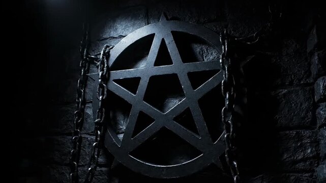 A dark, gothic scene featuring a pentagram, chains, and a stone wall