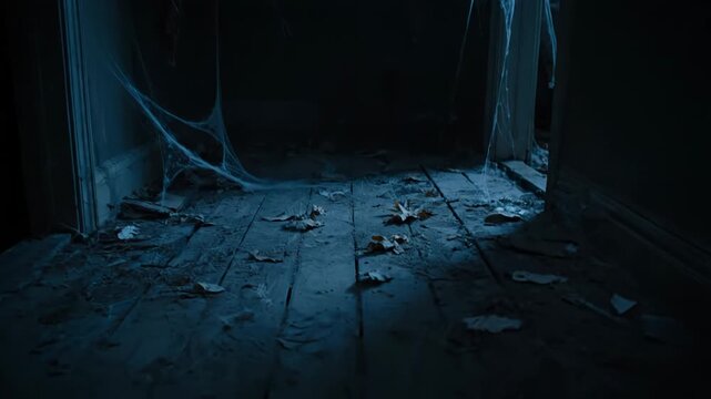 A dark hallway interior with cobwebs, peeling walls, and a foreboding atmosphere