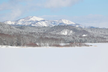 湖岸の針葉樹林も遠方の山肌も白く染まった真冬のダム湖 © akht.mymt
