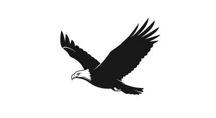 Obraz premium Silhouette of a bald eagle in flight, wings outstretched, against a white background