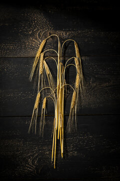 Barley ears on dark wood