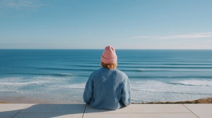 Woman in knit hat relaxing and looking at the ocean. Tranquil seascape with a person enjoying the view from a balcony. Minimalist travel design.