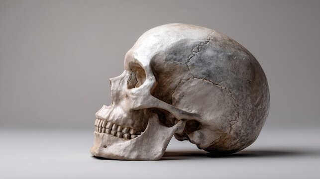 Human skull in profile on a plain background for medical education. Anatomy study for student, scientist, or artist.