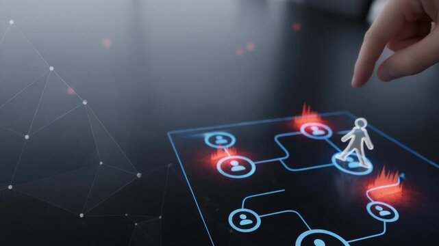 Ai strategy roadmap for business transformation and digital network planning with glowing human icons and data connections on futuristic office table